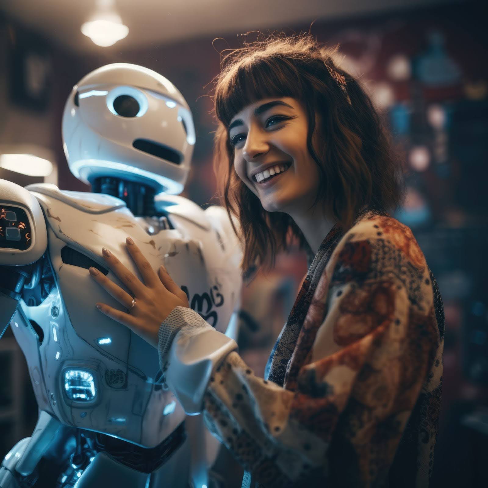 A woman smiles warmly while touching a humanoid robot in a cozy room with soft lighting.